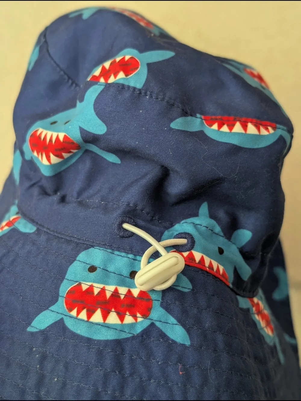 Boys Bucket Hat Blue Shark Print UPF 50 Adjustable Chin Strap 54cm Polyester